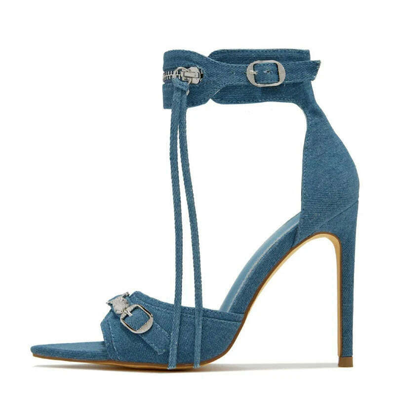 KIMLUD, Liyke Summer Fashion Zip Tassel Women Sandals Metal Rivet Buckle Pointed Open Toe Stripper Heels Wedding Banquet Shoes Stiletto, Blue / 39, KIMLUD Womens Clothes