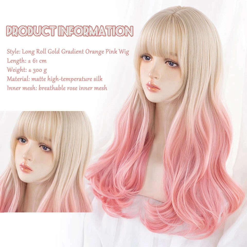 KIMLUD, LM Long Natural Wavy Platinum Blonde Pink Wigs with Bangs Cosplay Party Lolita Synthetic Wigs for Women Heat Resistant Fiber, KIMLUD Womens Clothes