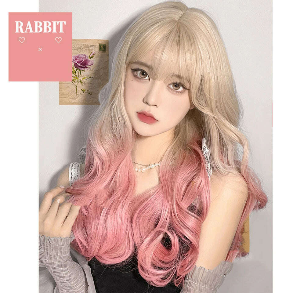 KIMLUD, LM Long Natural Wavy Platinum Blonde Pink Wigs with Bangs Cosplay Party Lolita Synthetic Wigs for Women Heat Resistant Fiber, KIMLUD Womens Clothes