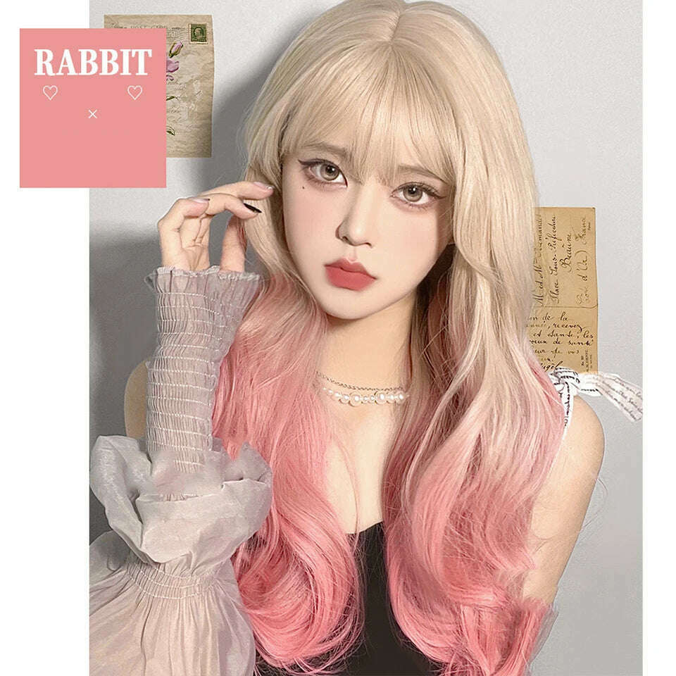 KIMLUD, LM Long Natural Wavy Platinum Blonde Pink Wigs with Bangs Cosplay Party Lolita Synthetic Wigs for Women Heat Resistant Fiber, KIMLUD Womens Clothes