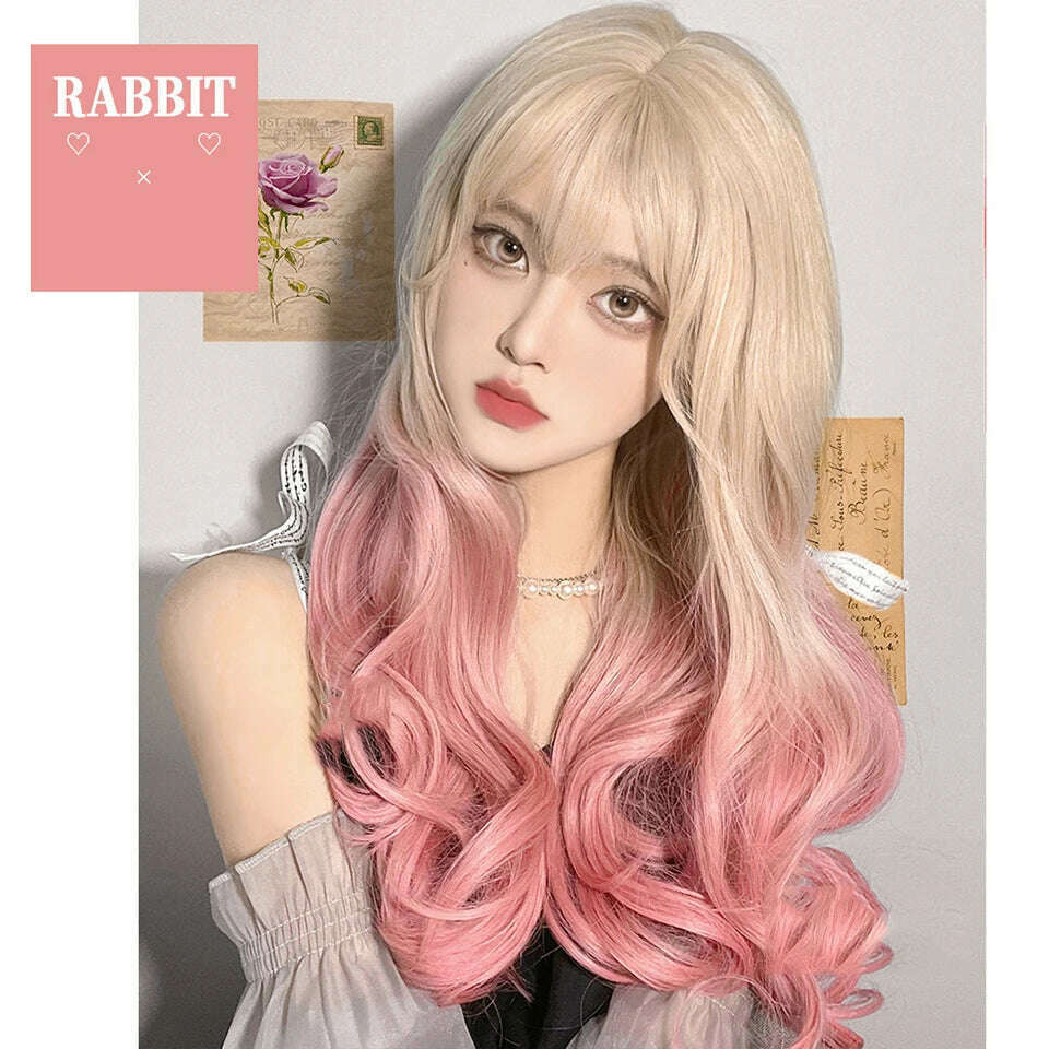 KIMLUD, LM Long Natural Wavy Platinum Blonde Pink Wigs with Bangs Cosplay Party Lolita Synthetic Wigs for Women Heat Resistant Fiber, KIMLUD Womens Clothes