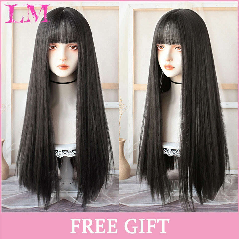 KIMLUD, LM Long Natural Wavy Platinum Blonde Pink Wigs with Bangs Cosplay Party Lolita Synthetic Wigs for Women Heat Resistant Fiber, #18, KIMLUD APPAREL - Womens Clothes