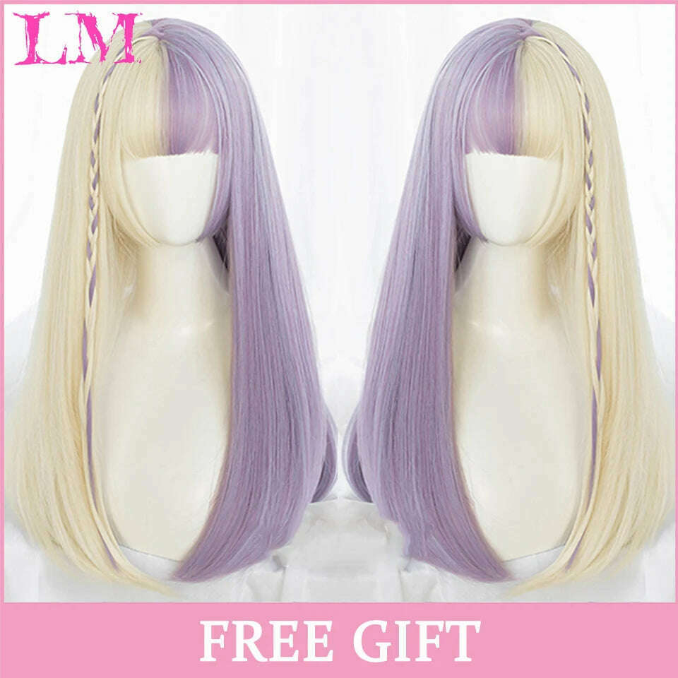 KIMLUD, LM Long Natural Wavy Platinum Blonde Pink Wigs with Bangs Cosplay Party Lolita Synthetic Wigs for Women Heat Resistant Fiber, #530, KIMLUD APPAREL - Womens Clothes