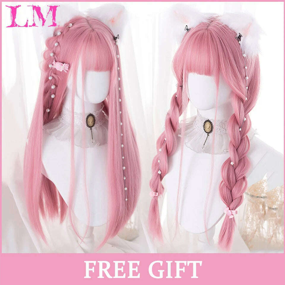 KIMLUD, LM Long Natural Wavy Platinum Blonde Pink Wigs with Bangs Cosplay Party Lolita Synthetic Wigs for Women Heat Resistant Fiber, P8/613, KIMLUD APPAREL - Womens Clothes
