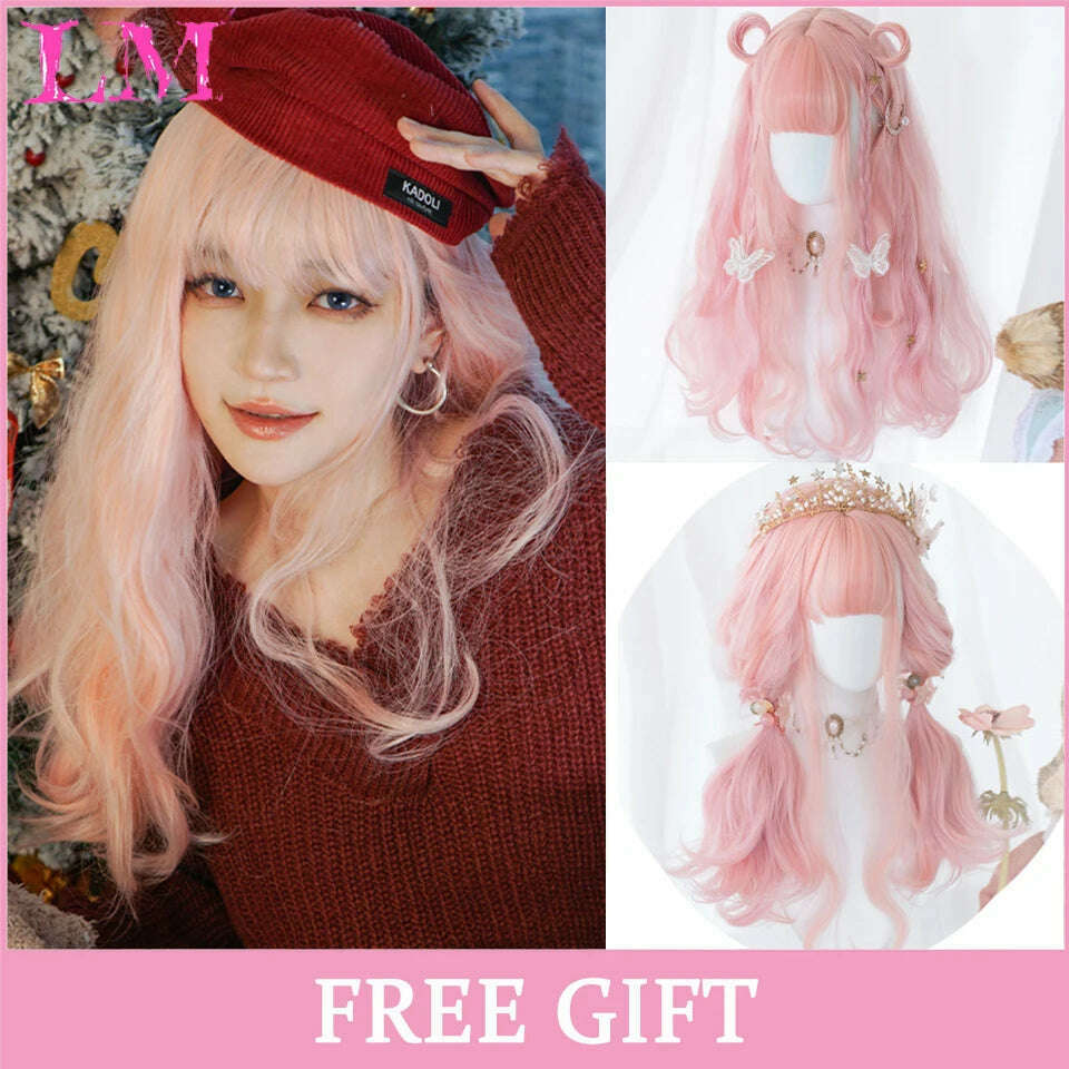 KIMLUD, LM Long Natural Wavy Platinum Blonde Pink Wigs with Bangs Cosplay Party Lolita Synthetic Wigs for Women Heat Resistant Fiber, #1, KIMLUD APPAREL - Womens Clothes