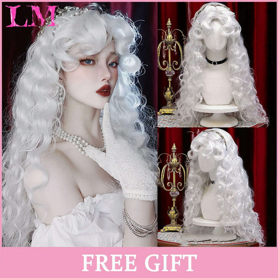 KIMLUD, LM Long Natural Wavy Platinum Blonde Pink Wigs with Bangs Cosplay Party Lolita Synthetic Wigs for Women Heat Resistant Fiber, NC/4HL, KIMLUD APPAREL - Womens Clothes