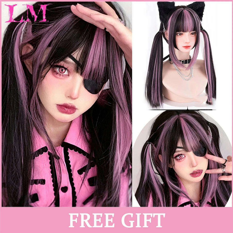 KIMLUD, LM Long Natural Wavy Platinum Blonde Pink Wigs with Bangs Cosplay Party Lolita Synthetic Wigs for Women Heat Resistant Fiber, T1B/33, KIMLUD APPAREL - Womens Clothes