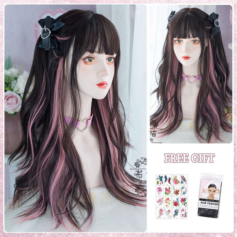 KIMLUD, LM Long Natural Wavy Platinum Blonde Pink Wigs with Bangs Cosplay Party Lolita Synthetic Wigs for Women Heat Resistant Fiber, #1B, KIMLUD APPAREL - Womens Clothes