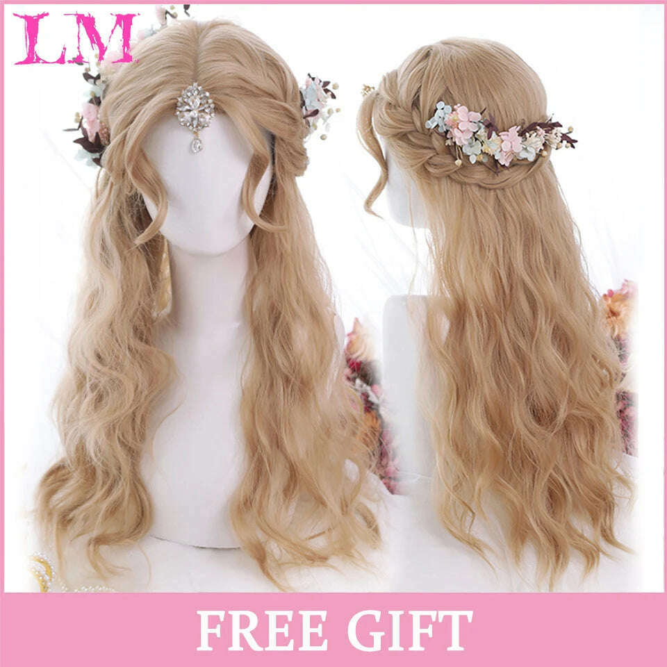 KIMLUD, LM Long Natural Wavy Platinum Blonde Pink Wigs with Bangs Cosplay Party Lolita Synthetic Wigs for Women Heat Resistant Fiber, #27, KIMLUD APPAREL - Womens Clothes