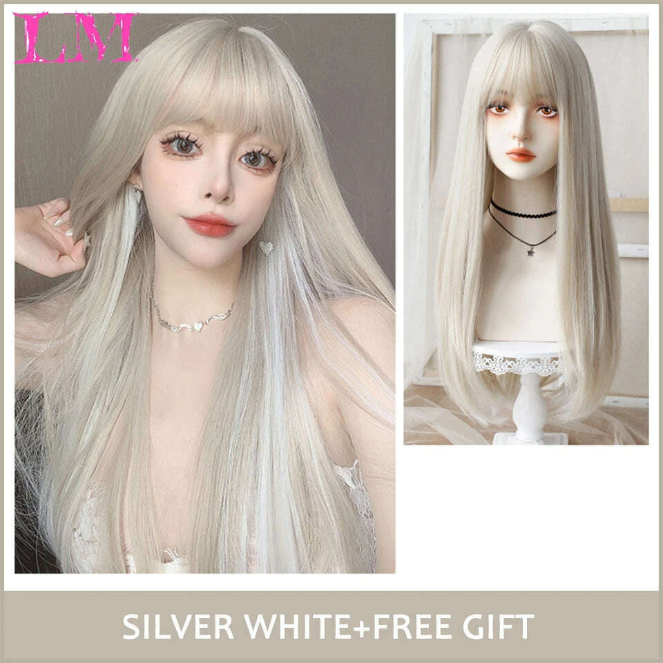 KIMLUD, LM Long Natural Wavy Platinum Blonde Pink Wigs with Bangs Cosplay Party Lolita Synthetic Wigs for Women Heat Resistant Fiber, P1B/27, KIMLUD APPAREL - Womens Clothes