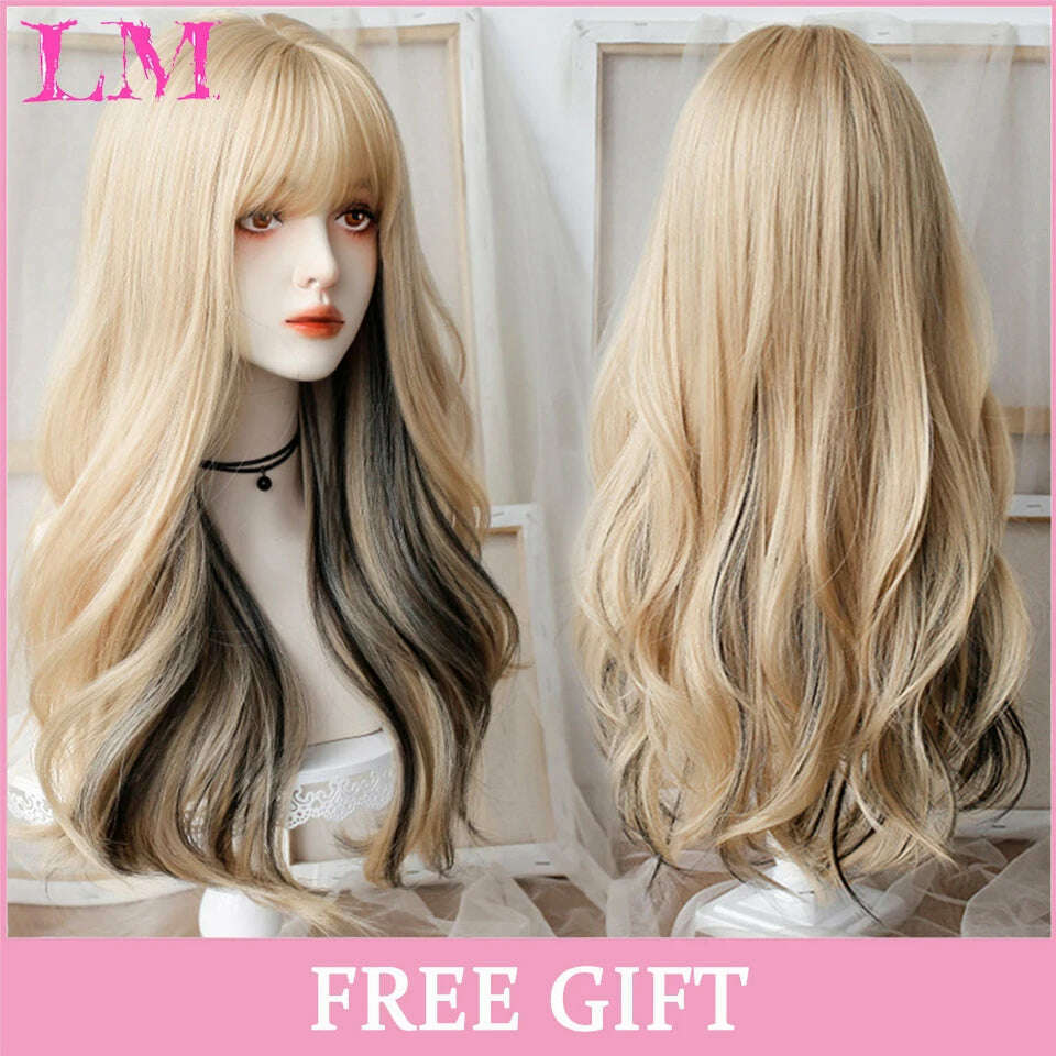 KIMLUD, LM Long Natural Wavy Platinum Blonde Pink Wigs with Bangs Cosplay Party Lolita Synthetic Wigs for Women Heat Resistant Fiber, T1B/30, KIMLUD APPAREL - Womens Clothes