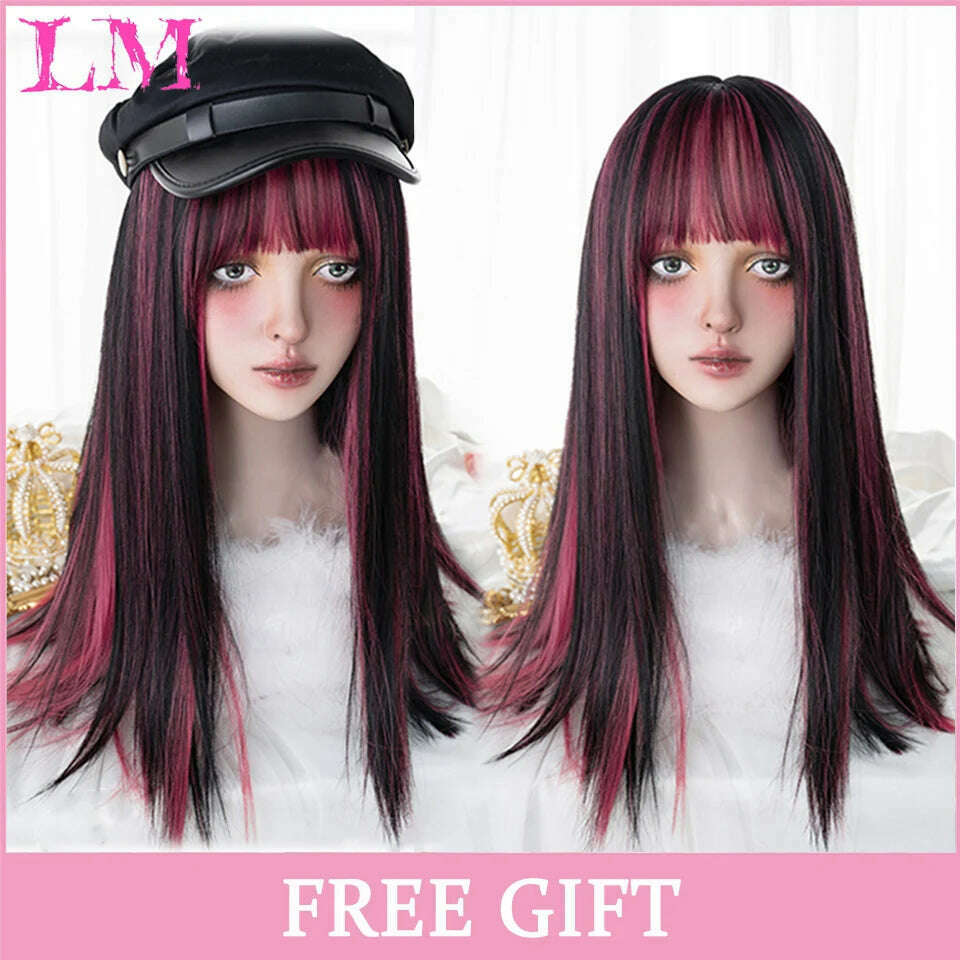 KIMLUD, LM Long Natural Wavy Platinum Blonde Pink Wigs with Bangs Cosplay Party Lolita Synthetic Wigs for Women Heat Resistant Fiber, T1B/4/27, KIMLUD APPAREL - Womens Clothes