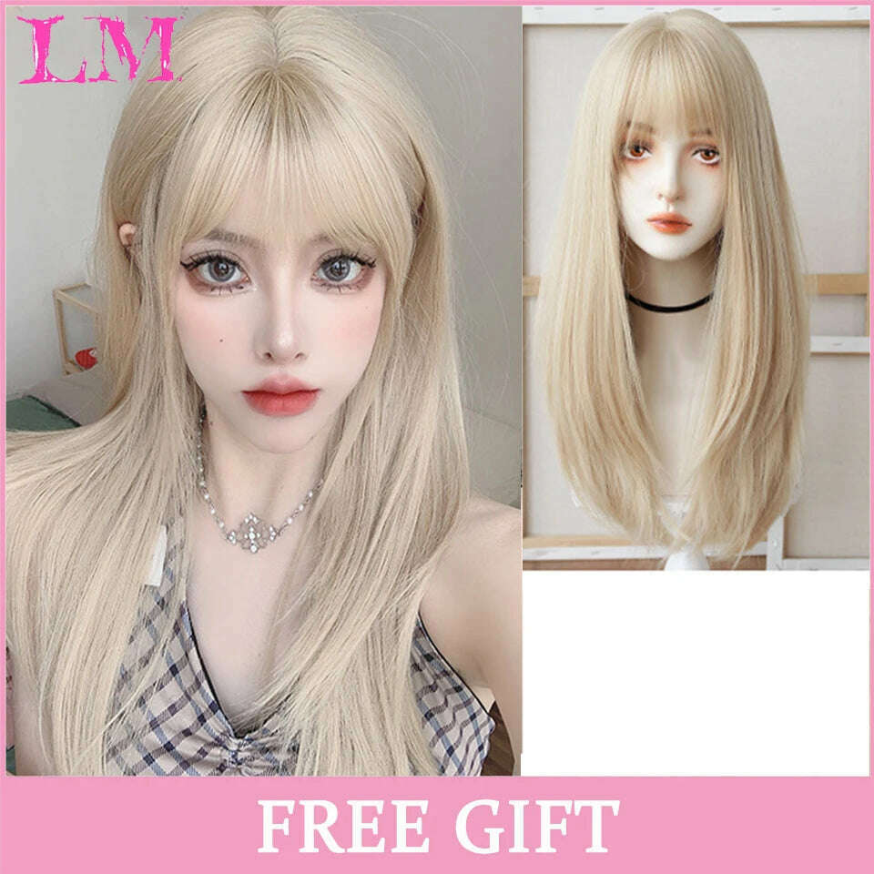 KIMLUD, LM Long Natural Wavy Platinum Blonde Pink Wigs with Bangs Cosplay Party Lolita Synthetic Wigs for Women Heat Resistant Fiber, P6/613, KIMLUD APPAREL - Womens Clothes