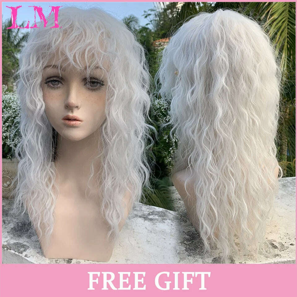 KIMLUD, LM Long Natural Wavy Platinum Blonde Pink Wigs with Bangs Cosplay Party Lolita Synthetic Wigs for Women Heat Resistant Fiber, Bug, KIMLUD APPAREL - Womens Clothes