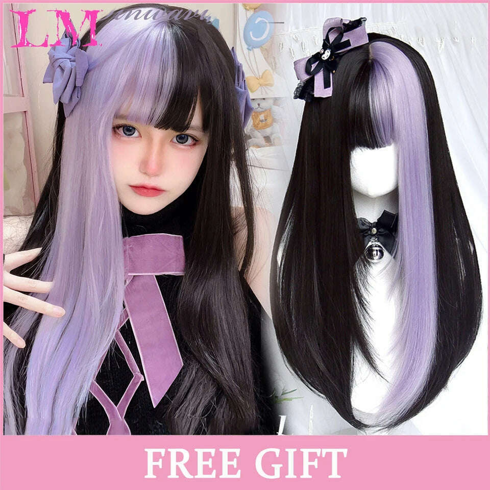 KIMLUD, LM Long Natural Wavy Platinum Blonde Pink Wigs with Bangs Cosplay Party Lolita Synthetic Wigs for Women Heat Resistant Fiber, #144, KIMLUD APPAREL - Womens Clothes