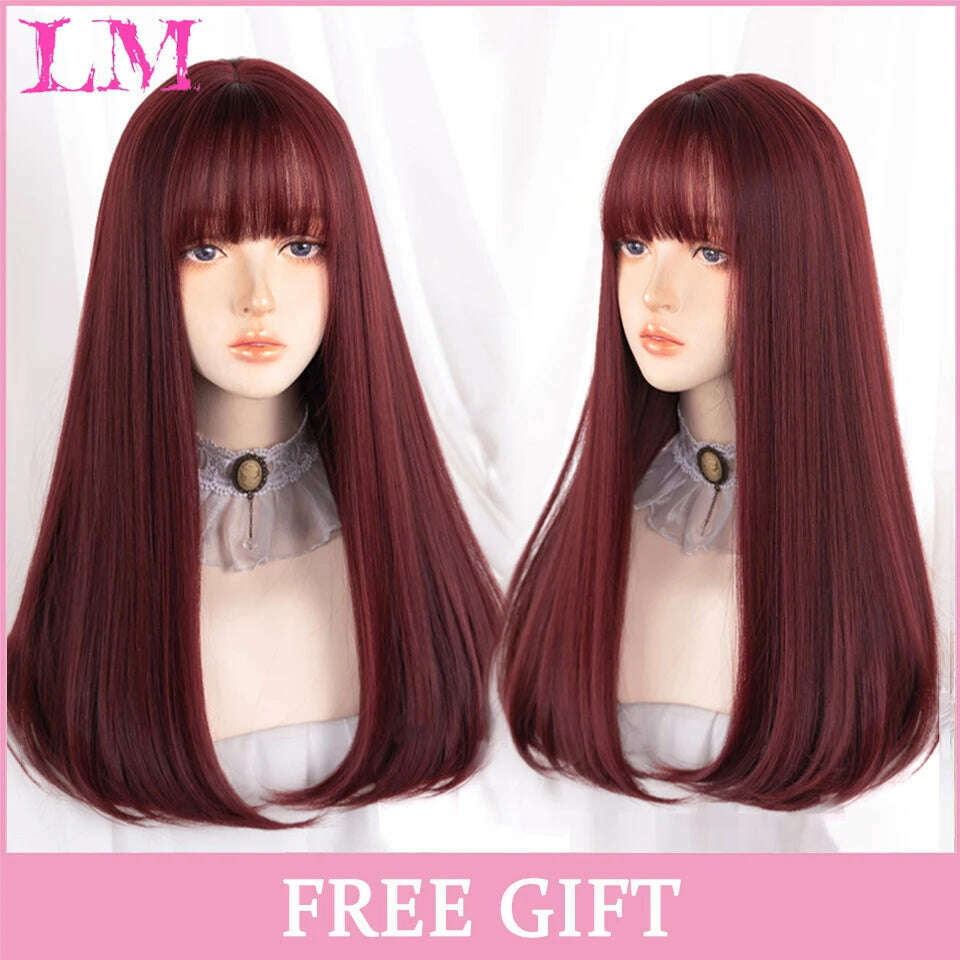 KIMLUD, LM Long Natural Wavy Platinum Blonde Pink Wigs with Bangs Cosplay Party Lolita Synthetic Wigs for Women Heat Resistant Fiber, P4/27, KIMLUD APPAREL - Womens Clothes