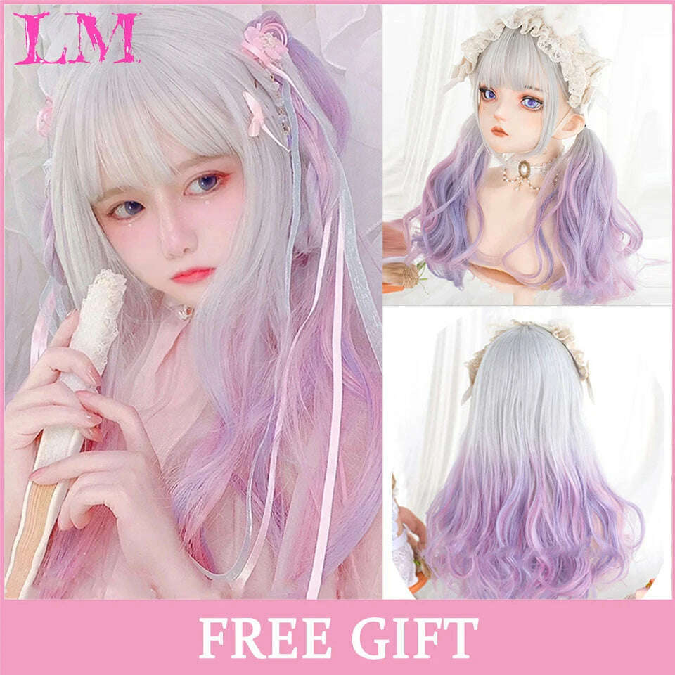 KIMLUD, LM Long Natural Wavy Platinum Blonde Pink Wigs with Bangs Cosplay Party Lolita Synthetic Wigs for Women Heat Resistant Fiber, P2/613, KIMLUD APPAREL - Womens Clothes