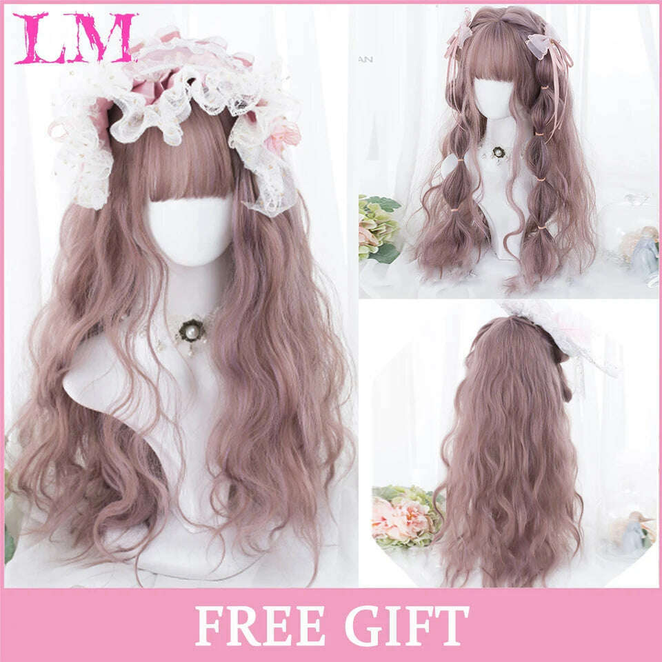 KIMLUD, LM Long Natural Wavy Platinum Blonde Pink Wigs with Bangs Cosplay Party Lolita Synthetic Wigs for Women Heat Resistant Fiber, Natural Black, KIMLUD APPAREL - Womens Clothes