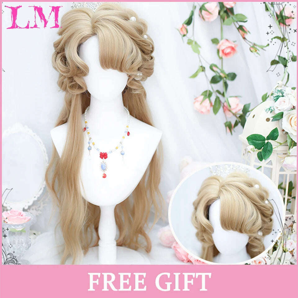 KIMLUD, LM Long Natural Wavy Platinum Blonde Pink Wigs with Bangs Cosplay Party Lolita Synthetic Wigs for Women Heat Resistant Fiber, #33, KIMLUD APPAREL - Womens Clothes