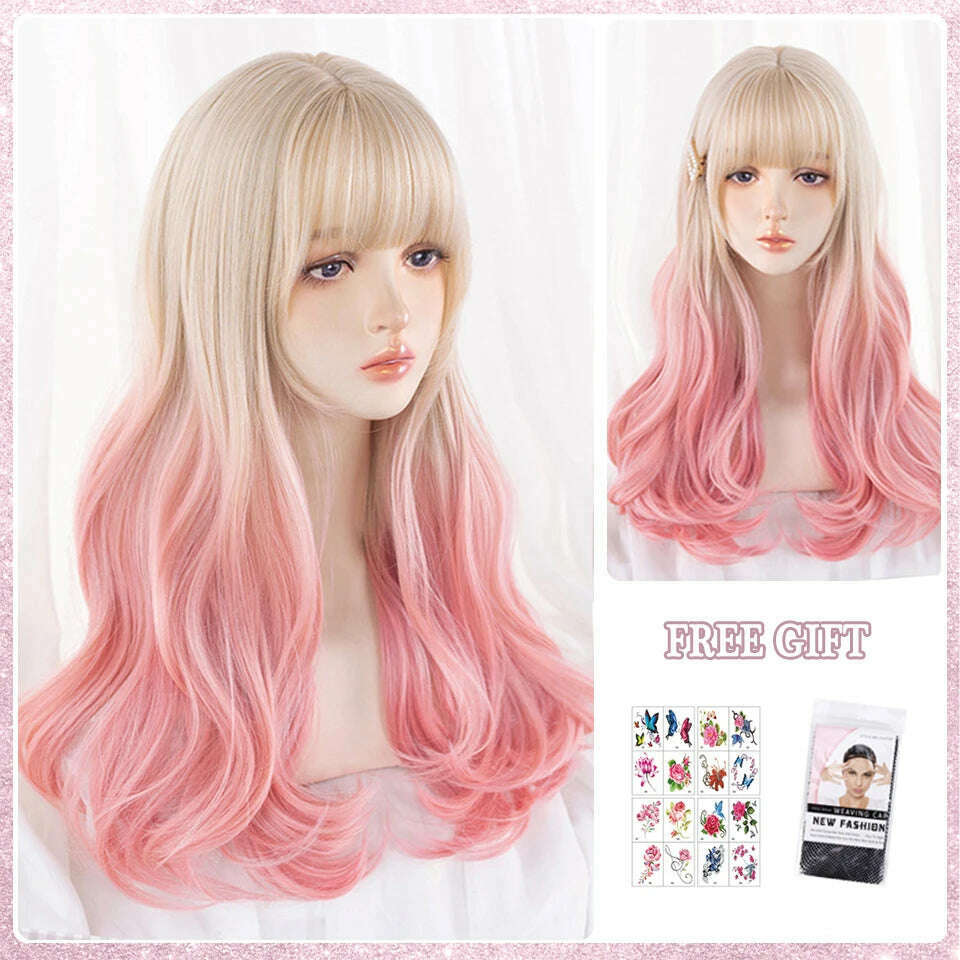 KIMLUD, LM Long Natural Wavy Platinum Blonde Pink Wigs with Bangs Cosplay Party Lolita Synthetic Wigs for Women Heat Resistant Fiber, Blonde, KIMLUD APPAREL - Womens Clothes