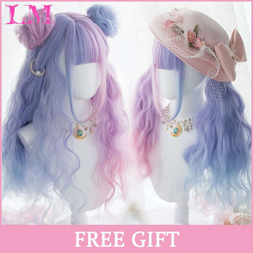 KIMLUD, LM Long Natural Wavy Platinum Blonde Pink Wigs with Bangs Cosplay Party Lolita Synthetic Wigs for Women Heat Resistant Fiber, T1/27, KIMLUD APPAREL - Womens Clothes