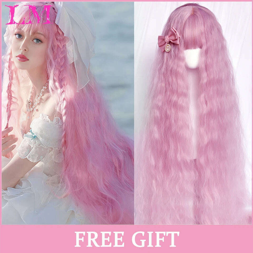 KIMLUD, LM Long Natural Wavy Platinum Blonde Pink Wigs with Bangs Cosplay Party Lolita Synthetic Wigs for Women Heat Resistant Fiber, #T1B/613, KIMLUD APPAREL - Womens Clothes