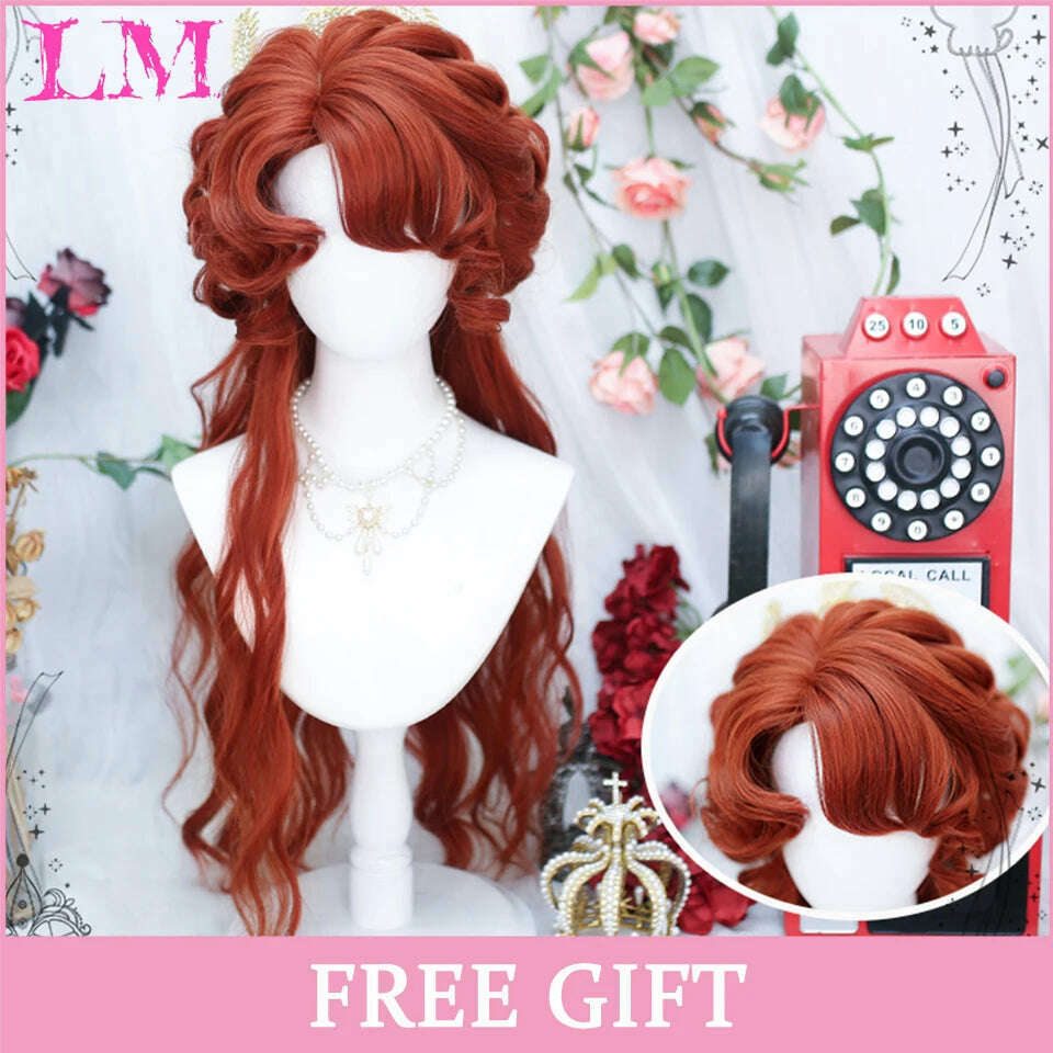 KIMLUD, LM Long Natural Wavy Platinum Blonde Pink Wigs with Bangs Cosplay Party Lolita Synthetic Wigs for Women Heat Resistant Fiber, Brown, KIMLUD APPAREL - Womens Clothes