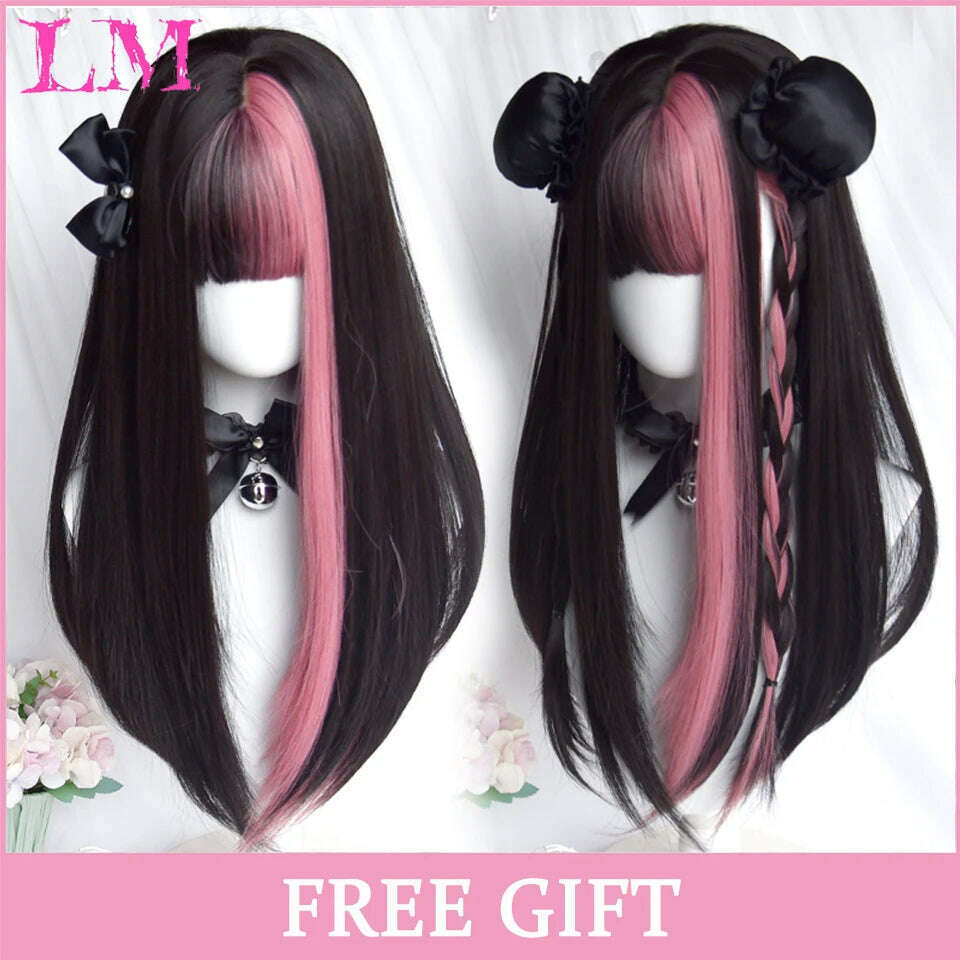 KIMLUD, LM Long Natural Wavy Platinum Blonde Pink Wigs with Bangs Cosplay Party Lolita Synthetic Wigs for Women Heat Resistant Fiber, OMBRE, KIMLUD APPAREL - Womens Clothes