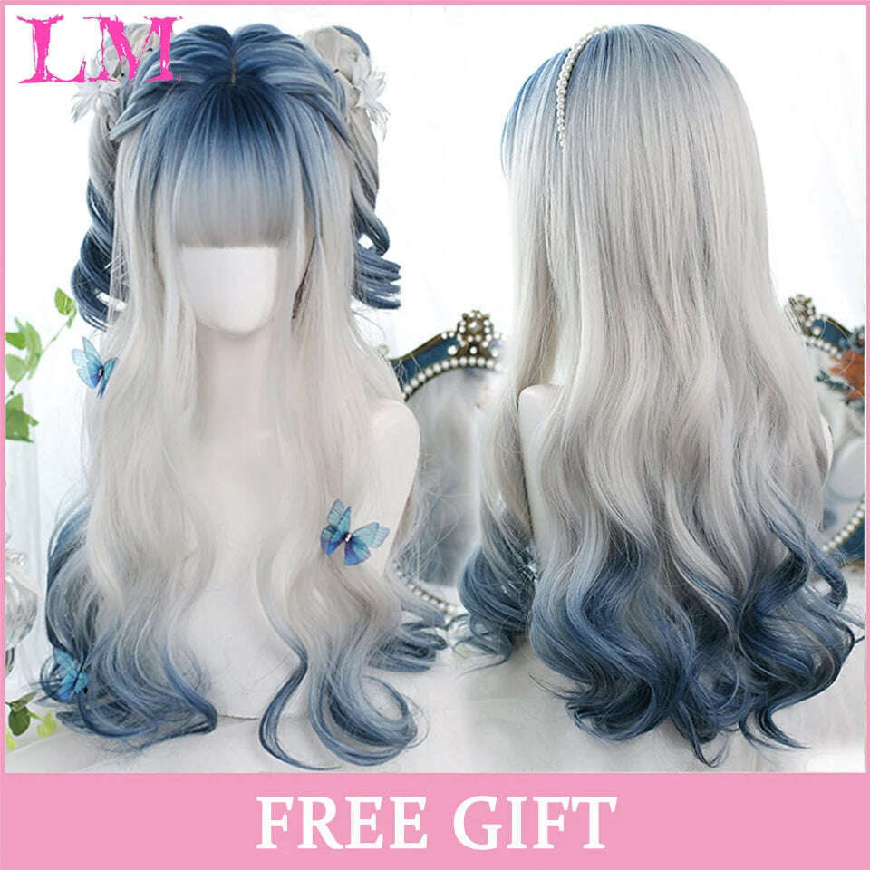 KIMLUD, LM Long Natural Wavy Platinum Blonde Pink Wigs with Bangs Cosplay Party Lolita Synthetic Wigs for Women Heat Resistant Fiber, P1B/613, KIMLUD APPAREL - Womens Clothes