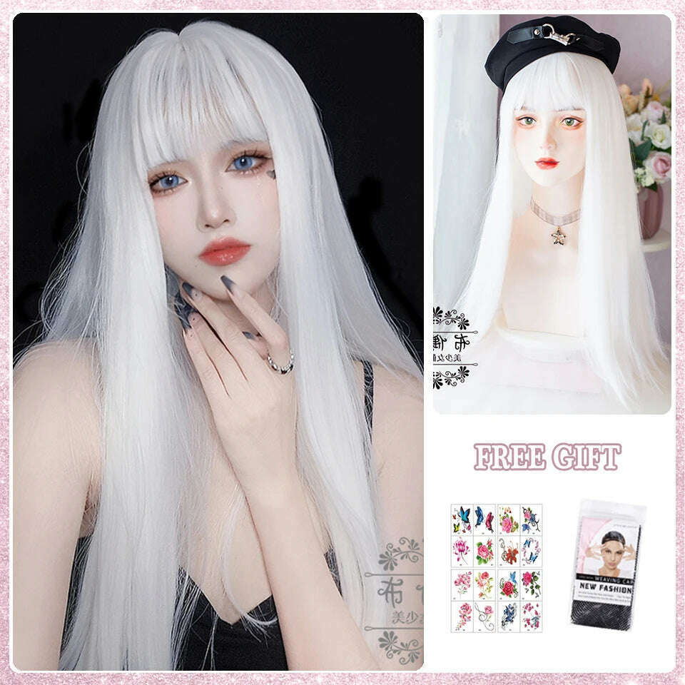 KIMLUD, LM Long Natural Wavy Platinum Blonde Pink Wigs with Bangs Cosplay Party Lolita Synthetic Wigs for Women Heat Resistant Fiber, Yellow, KIMLUD APPAREL - Womens Clothes