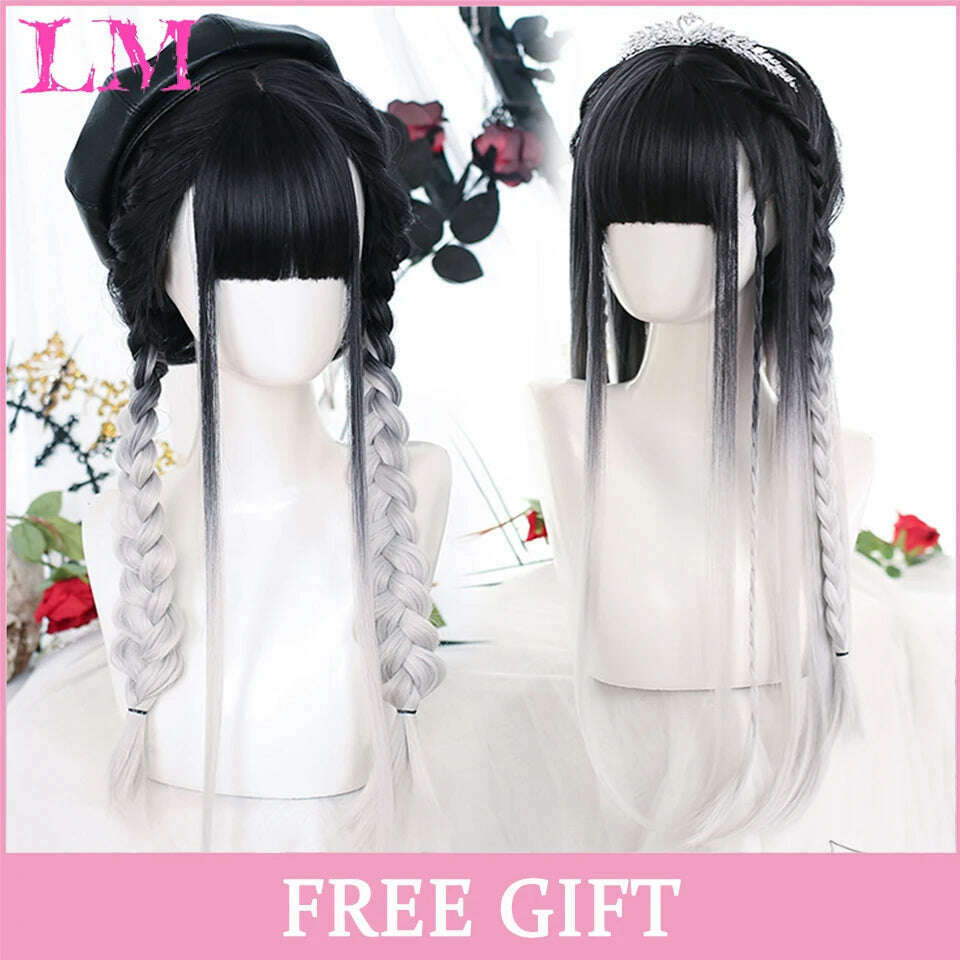KIMLUD, LM Long Natural Wavy Platinum Blonde Pink Wigs with Bangs Cosplay Party Lolita Synthetic Wigs for Women Heat Resistant Fiber, 4/30HL, KIMLUD APPAREL - Womens Clothes