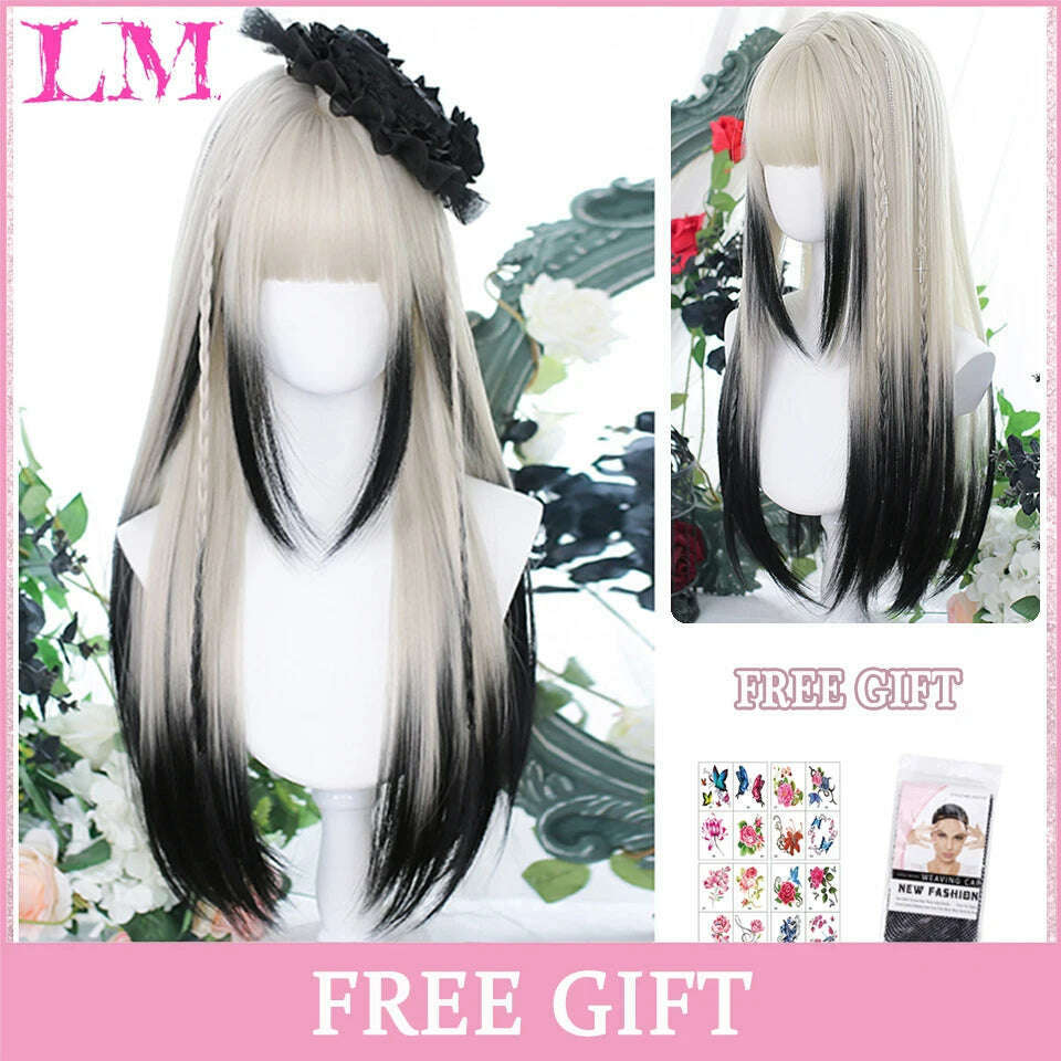 KIMLUD, LM Long Natural Wavy Platinum Blonde Pink Wigs with Bangs Cosplay Party Lolita Synthetic Wigs for Women Heat Resistant Fiber, T1/35, KIMLUD APPAREL - Womens Clothes