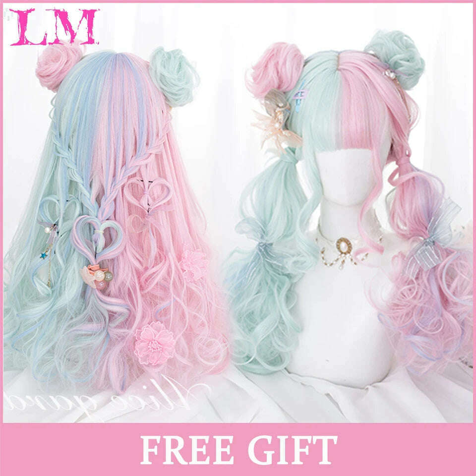 KIMLUD, LM Long Natural Wavy Platinum Blonde Pink Wigs with Bangs Cosplay Party Lolita Synthetic Wigs for Women Heat Resistant Fiber, 1B/27HL, KIMLUD APPAREL - Womens Clothes