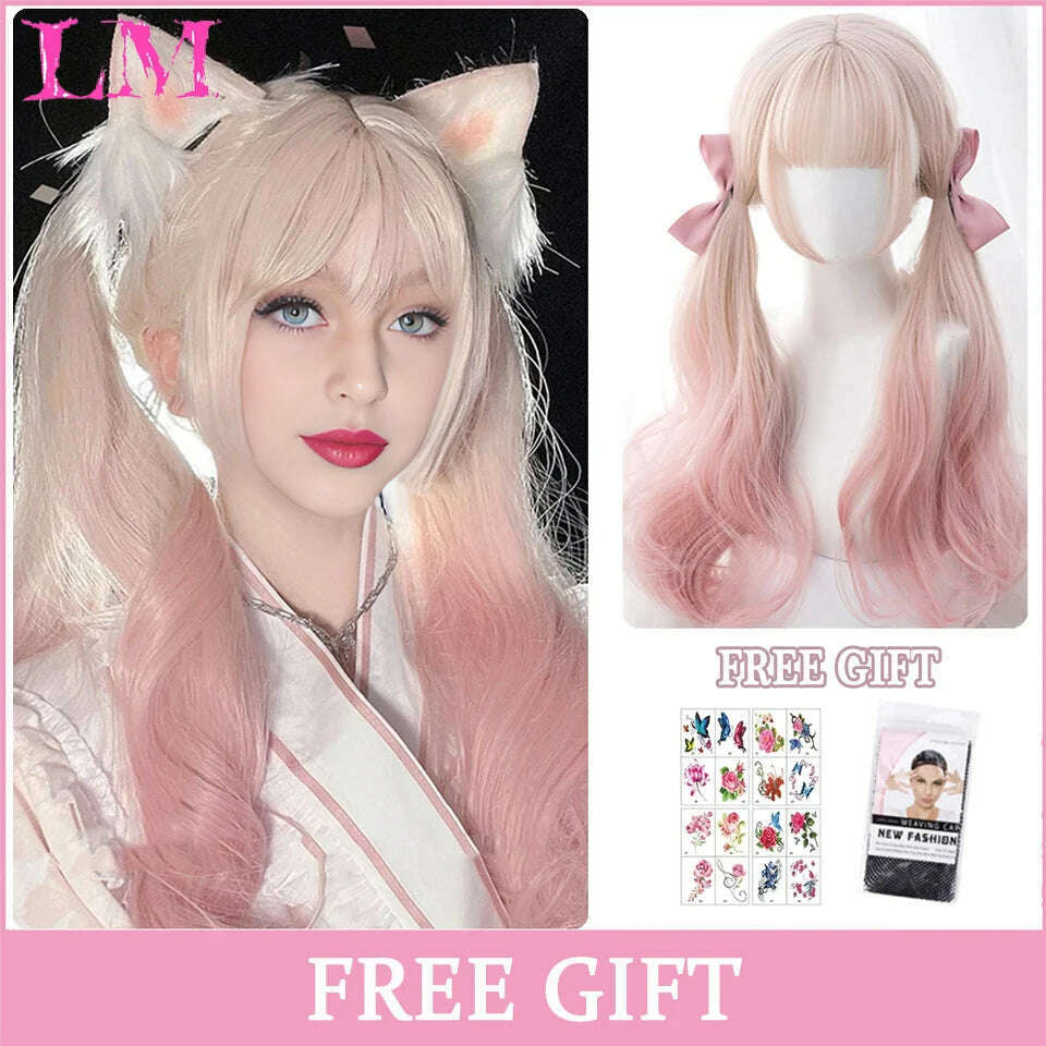 KIMLUD, LM Long Natural Wavy Platinum Blonde Pink Wigs with Bangs Cosplay Party Lolita Synthetic Wigs for Women Heat Resistant Fiber, Platinum Blonde, KIMLUD APPAREL - Womens Clothes