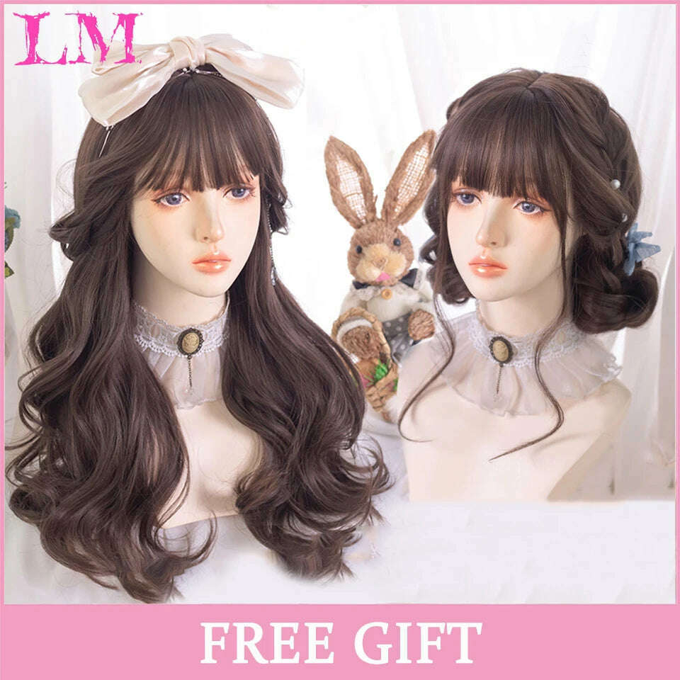KIMLUD, LM Long Natural Wavy Platinum Blonde Pink Wigs with Bangs Cosplay Party Lolita Synthetic Wigs for Women Heat Resistant Fiber, #130, KIMLUD APPAREL - Womens Clothes