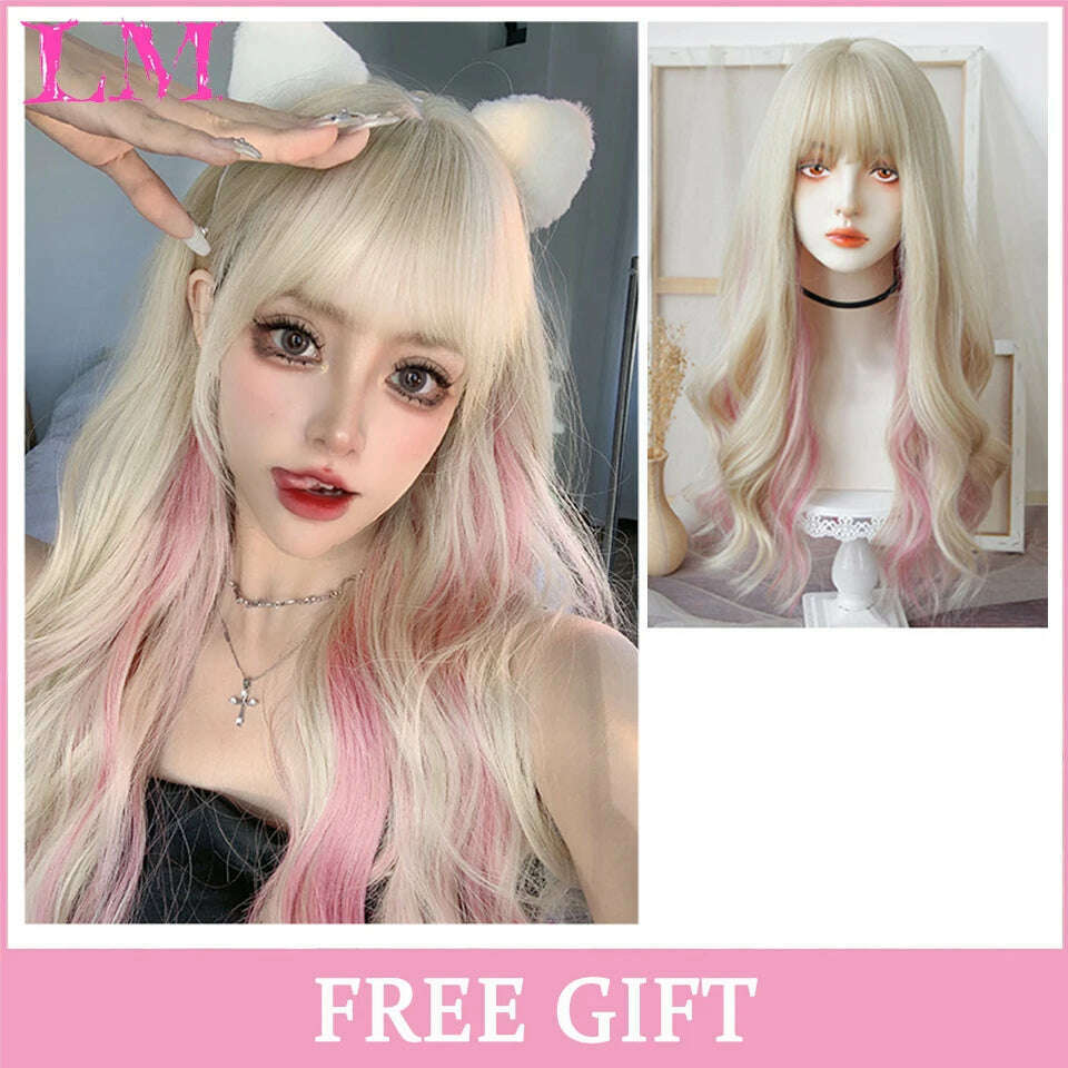 KIMLUD, LM Long Natural Wavy Platinum Blonde Pink Wigs with Bangs Cosplay Party Lolita Synthetic Wigs for Women Heat Resistant Fiber, P1B/30, KIMLUD APPAREL - Womens Clothes