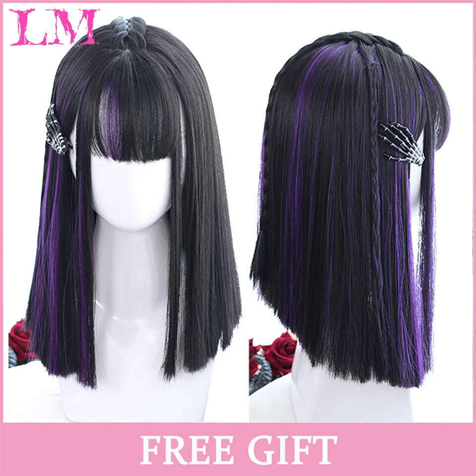 KIMLUD, LM Long Natural Wavy Platinum Blonde Pink Wigs with Bangs Cosplay Party Lolita Synthetic Wigs for Women Heat Resistant Fiber, T1B/Burgundy, KIMLUD APPAREL - Womens Clothes