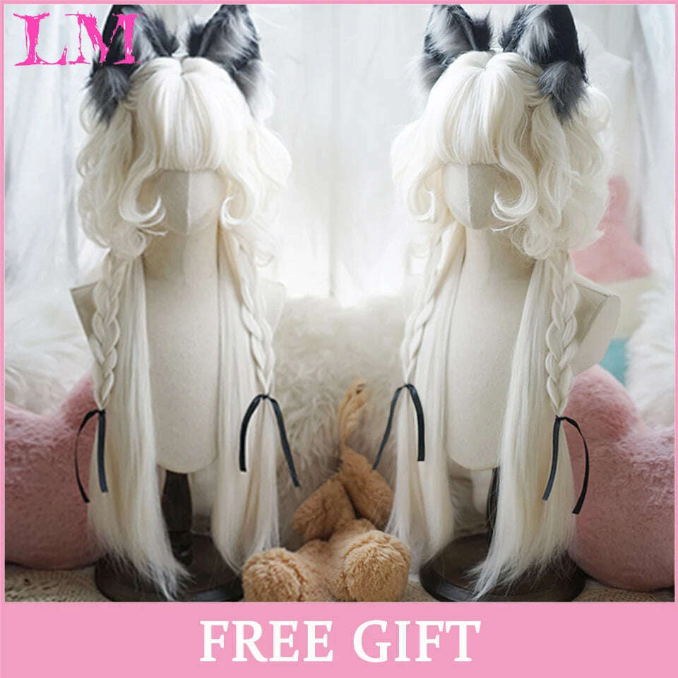 KIMLUD, LM Long Natural Wavy Platinum Blonde Pink Wigs with Bangs Cosplay Party Lolita Synthetic Wigs for Women Heat Resistant Fiber, Natural Color, KIMLUD APPAREL - Womens Clothes