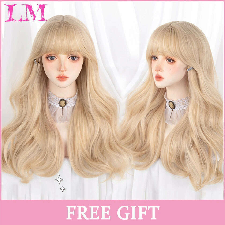 KIMLUD, LM Long Natural Wavy Platinum Blonde Pink Wigs with Bangs Cosplay Party Lolita Synthetic Wigs for Women Heat Resistant Fiber, #350, KIMLUD APPAREL - Womens Clothes
