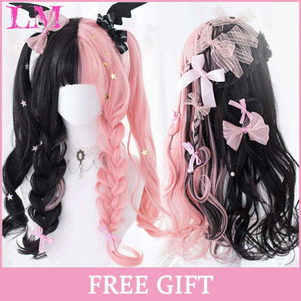 KIMLUD, LM Long Natural Wavy Platinum Blonde Pink Wigs with Bangs Cosplay Party Lolita Synthetic Wigs for Women Heat Resistant Fiber, Pink, KIMLUD APPAREL - Womens Clothes