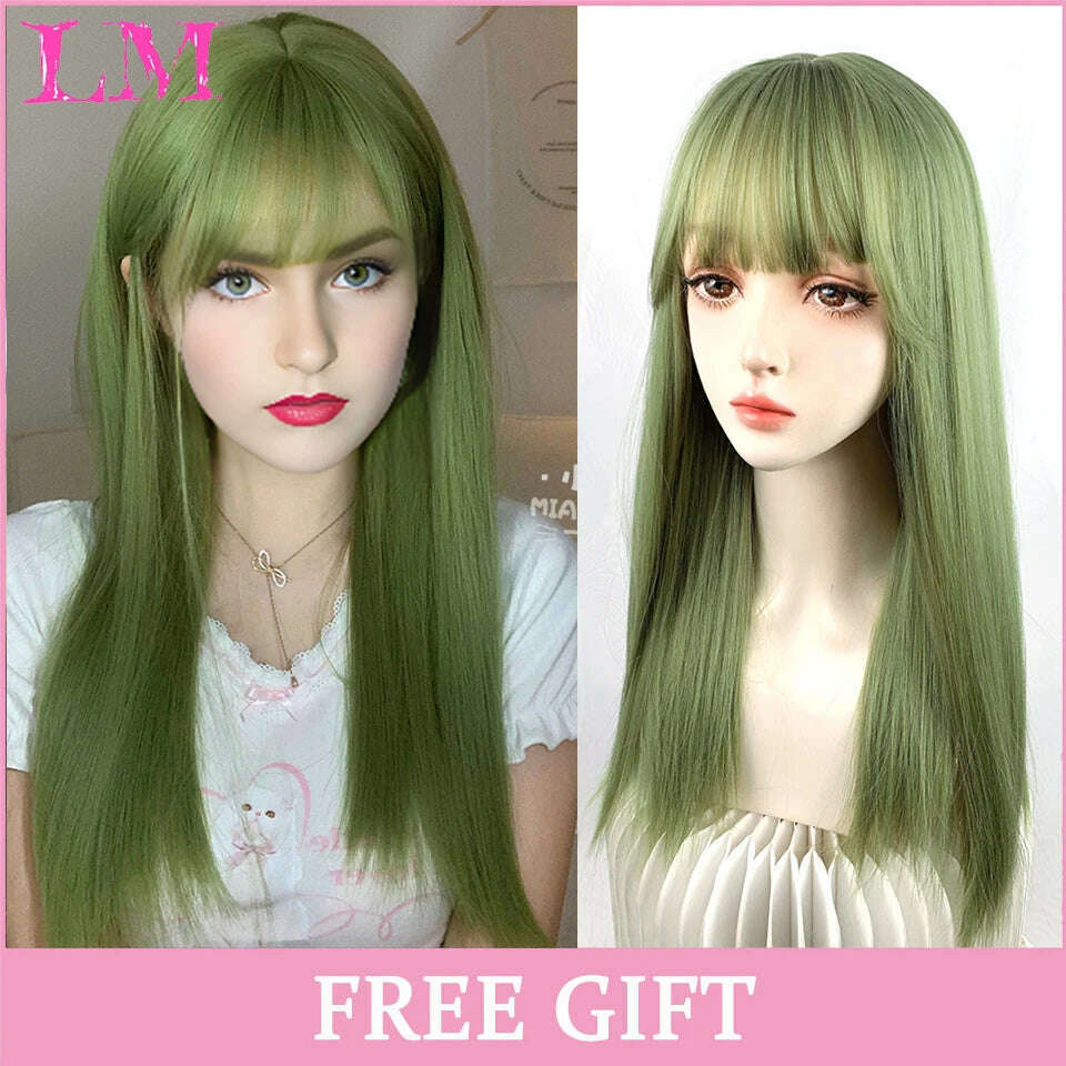 KIMLUD, LM Long Natural Wavy Platinum Blonde Pink Wigs with Bangs Cosplay Party Lolita Synthetic Wigs for Women Heat Resistant Fiber, Auburn, KIMLUD APPAREL - Womens Clothes