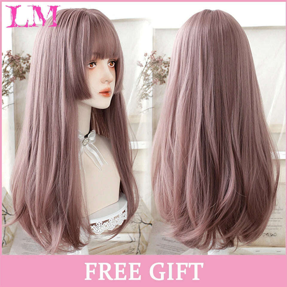 KIMLUD, LM Long Natural Wavy Platinum Blonde Pink Wigs with Bangs Cosplay Party Lolita Synthetic Wigs for Women Heat Resistant Fiber, #8, KIMLUD APPAREL - Womens Clothes