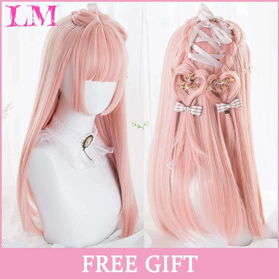 KIMLUD, LM Long Natural Wavy Platinum Blonde Pink Wigs with Bangs Cosplay Party Lolita Synthetic Wigs for Women Heat Resistant Fiber, #16, KIMLUD APPAREL - Womens Clothes