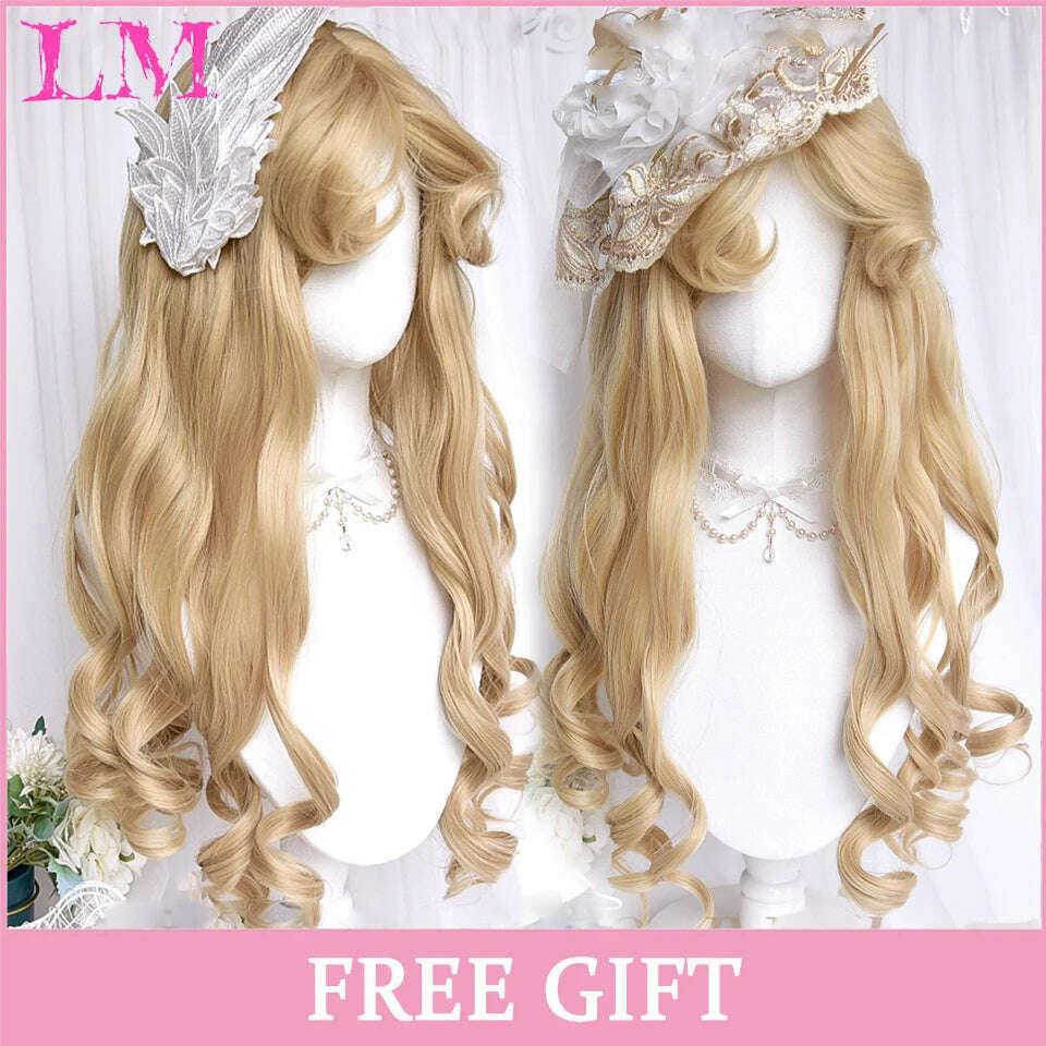 KIMLUD, LM Long Natural Wavy Platinum Blonde Pink Wigs with Bangs Cosplay Party Lolita Synthetic Wigs for Women Heat Resistant Fiber, light pink, KIMLUD APPAREL - Womens Clothes