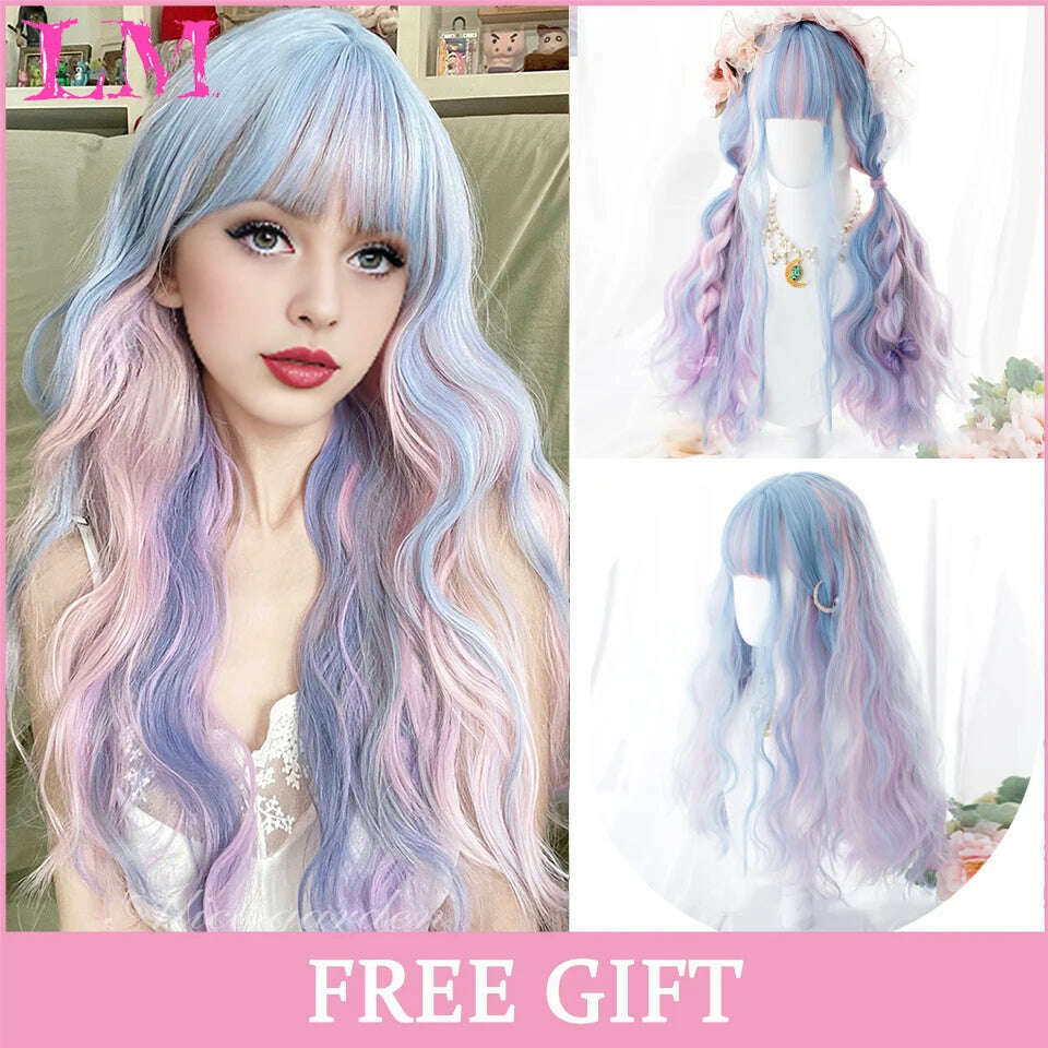 KIMLUD, LM Long Natural Wavy Platinum Blonde Pink Wigs with Bangs Cosplay Party Lolita Synthetic Wigs for Women Heat Resistant Fiber, Multi Color, KIMLUD APPAREL - Womens Clothes