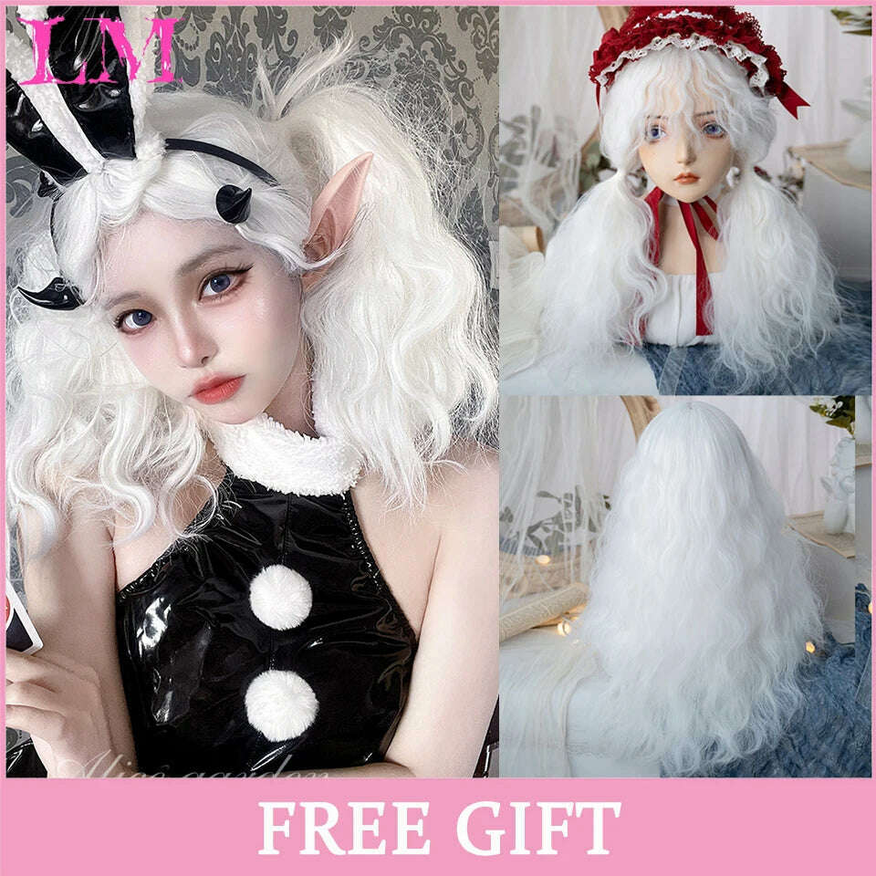KIMLUD, LM Long Natural Wavy Platinum Blonde Pink Wigs with Bangs Cosplay Party Lolita Synthetic Wigs for Women Heat Resistant Fiber, Red, KIMLUD APPAREL - Womens Clothes