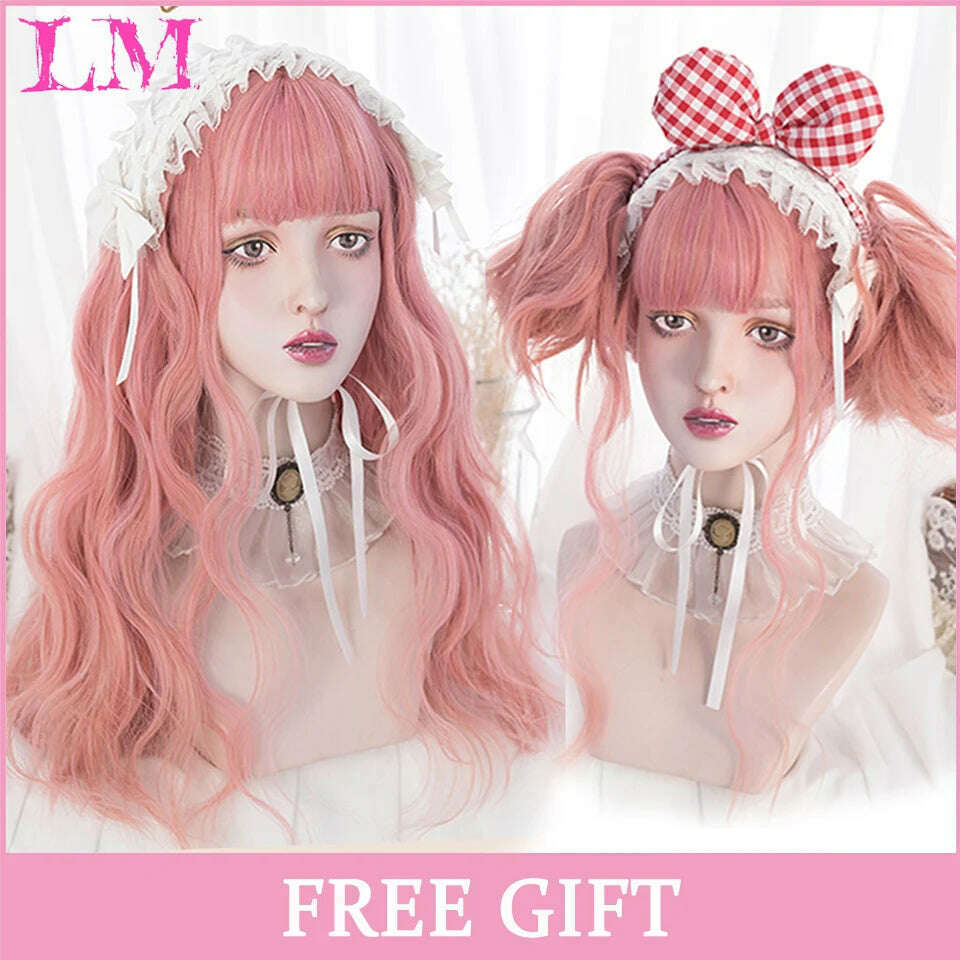 KIMLUD, LM Long Natural Wavy Platinum Blonde Pink Wigs with Bangs Cosplay Party Lolita Synthetic Wigs for Women Heat Resistant Fiber, WHITE, KIMLUD APPAREL - Womens Clothes
