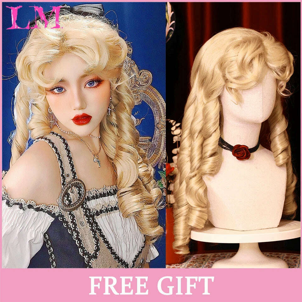 KIMLUD, LM Long Natural Wavy Platinum Blonde Pink Wigs with Bangs Cosplay Party Lolita Synthetic Wigs for Women Heat Resistant Fiber, T1B/4/30, KIMLUD APPAREL - Womens Clothes