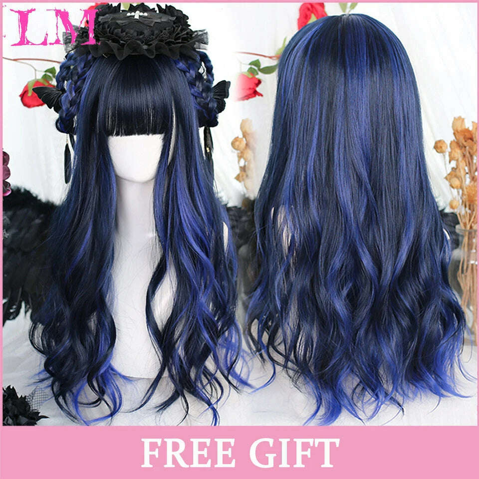 KIMLUD, LM Long Natural Wavy Platinum Blonde Pink Wigs with Bangs Cosplay Party Lolita Synthetic Wigs for Women Heat Resistant Fiber, silver grey, KIMLUD APPAREL - Womens Clothes