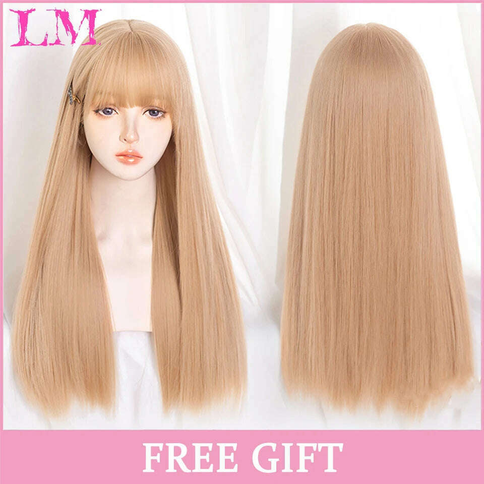 KIMLUD, LM Long Natural Wavy Platinum Blonde Pink Wigs with Bangs Cosplay Party Lolita Synthetic Wigs for Women Heat Resistant Fiber, P16/613, KIMLUD APPAREL - Womens Clothes